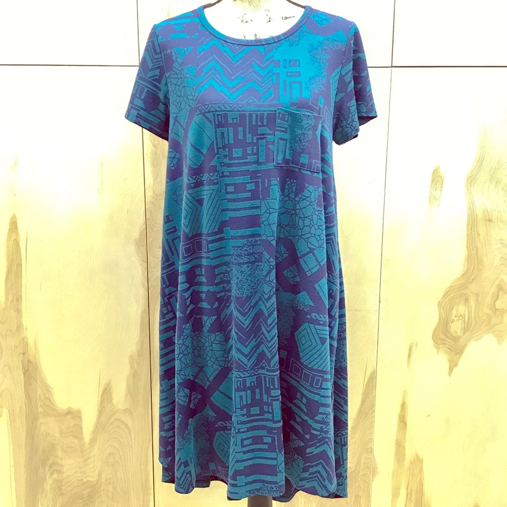 EUC LuLaRoe Blue Steal Imprinted Carly Dress